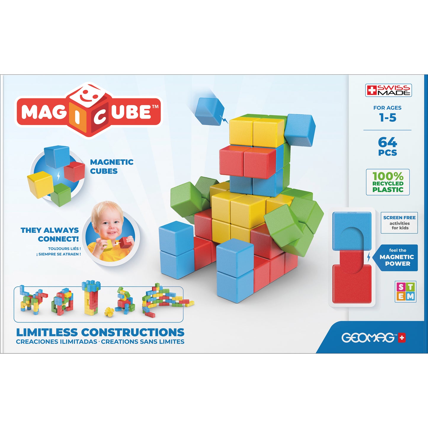 Geomag Magicubes 64-Piece Recycled Magnetic Building Set for Toddlers