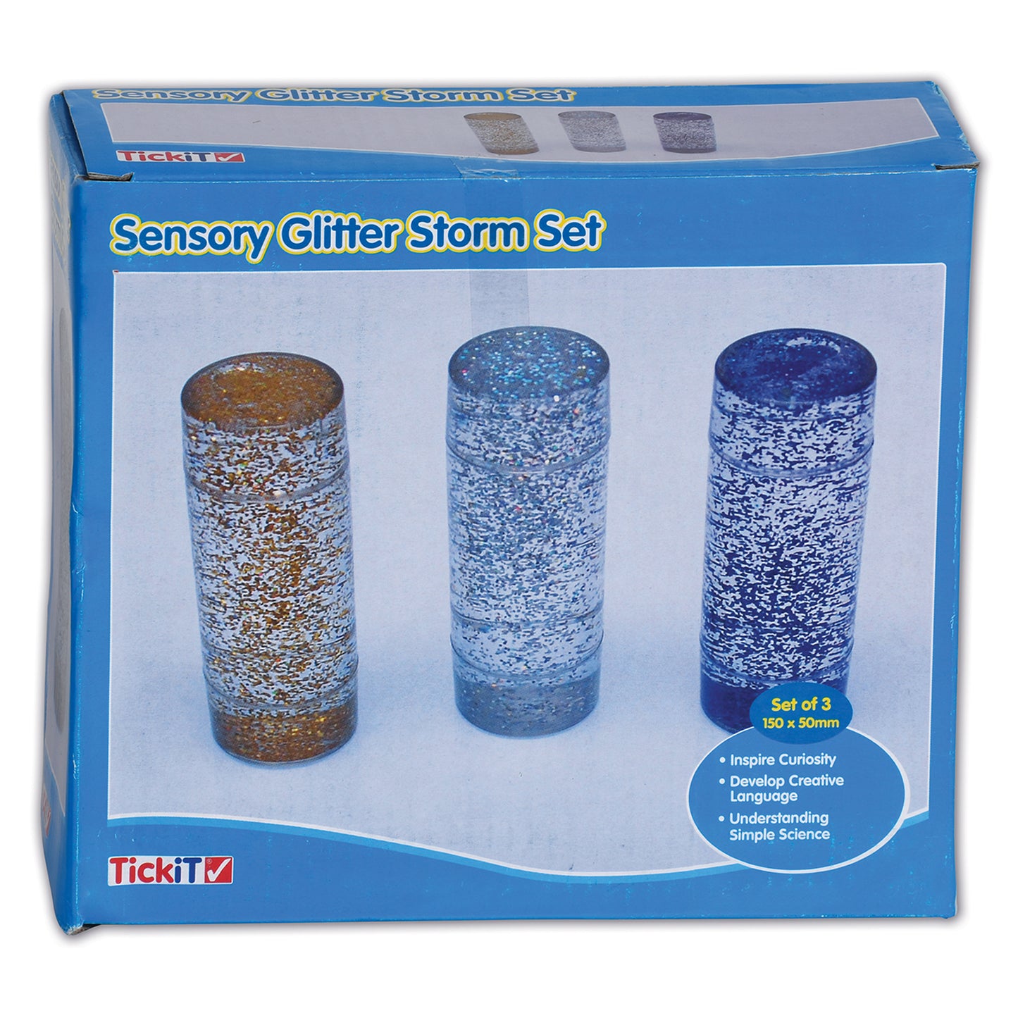 TickiT Sensory Glitter Storm Liquid Glitter Tubes - Set of 3 - Blue, Silver, Gold