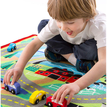 Melissa & Doug Round the Town Road Rug & 4 Wooden Cars Play Set