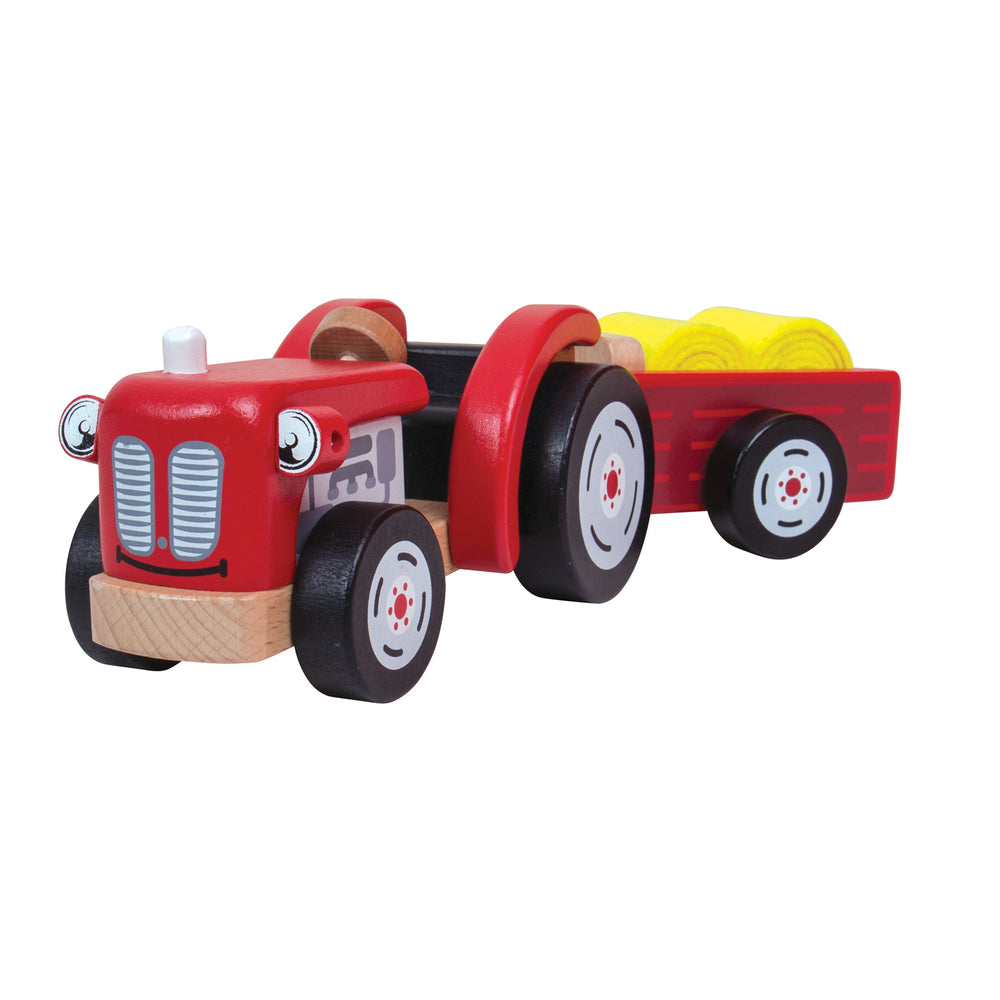 Bigjigs Retro Farm Tractor and Trailer Playset with Hay Bales