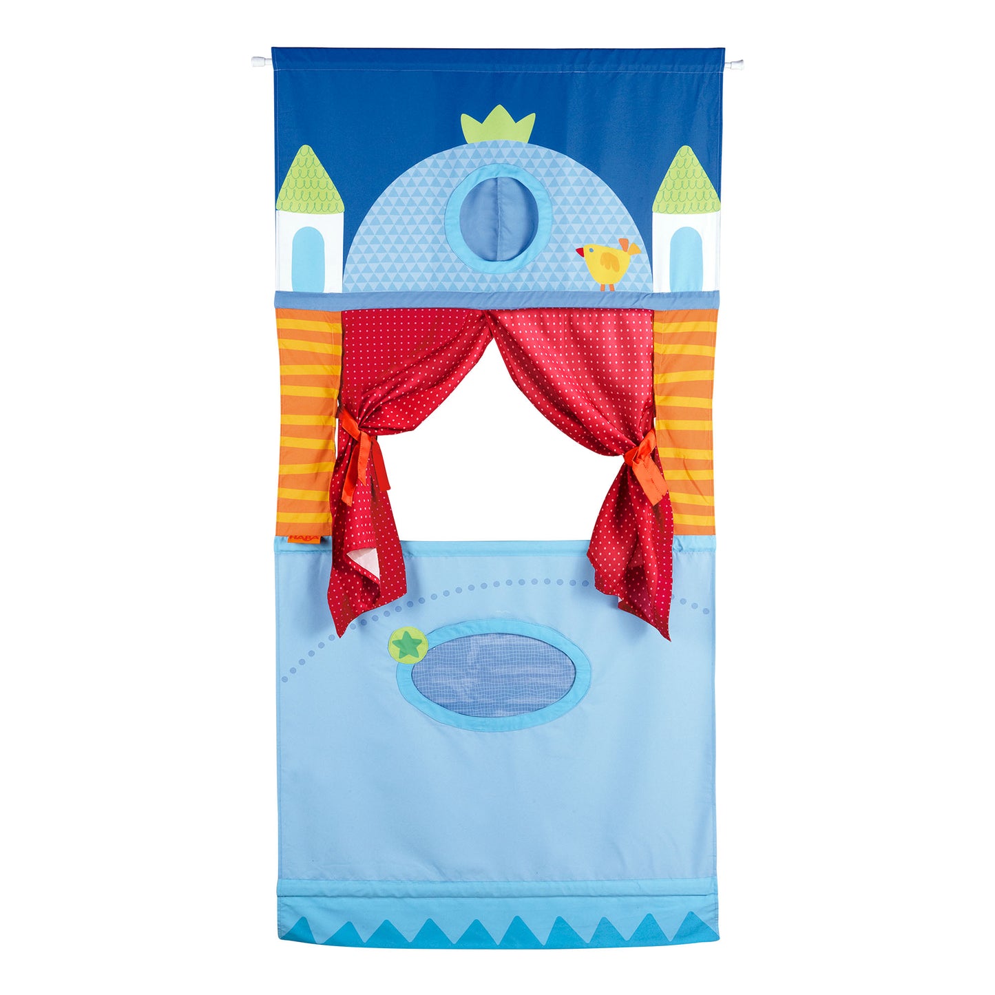 HABA Hanging Doorway Puppet Theater with Adjustable Rods and Whimsical Backdrop