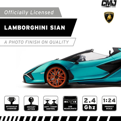 CMJ RC Cars Lamborghini Sián FKP 37 - Blue - 1:24 Scale Radio Control Vehicle with LED Headlights