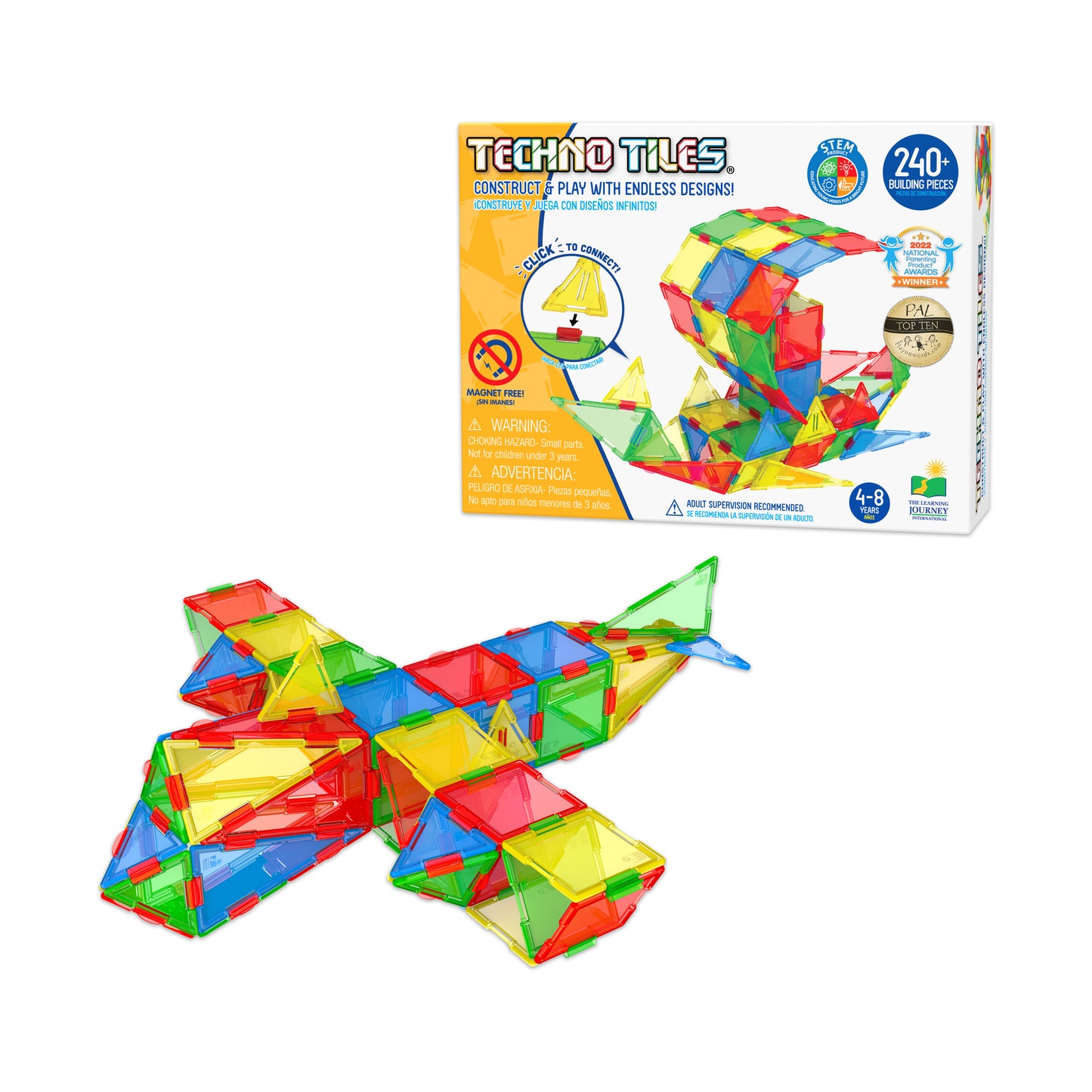 Techno Tiles Geometric Snap & Build Set - Primary Colors, 240+ Pieces